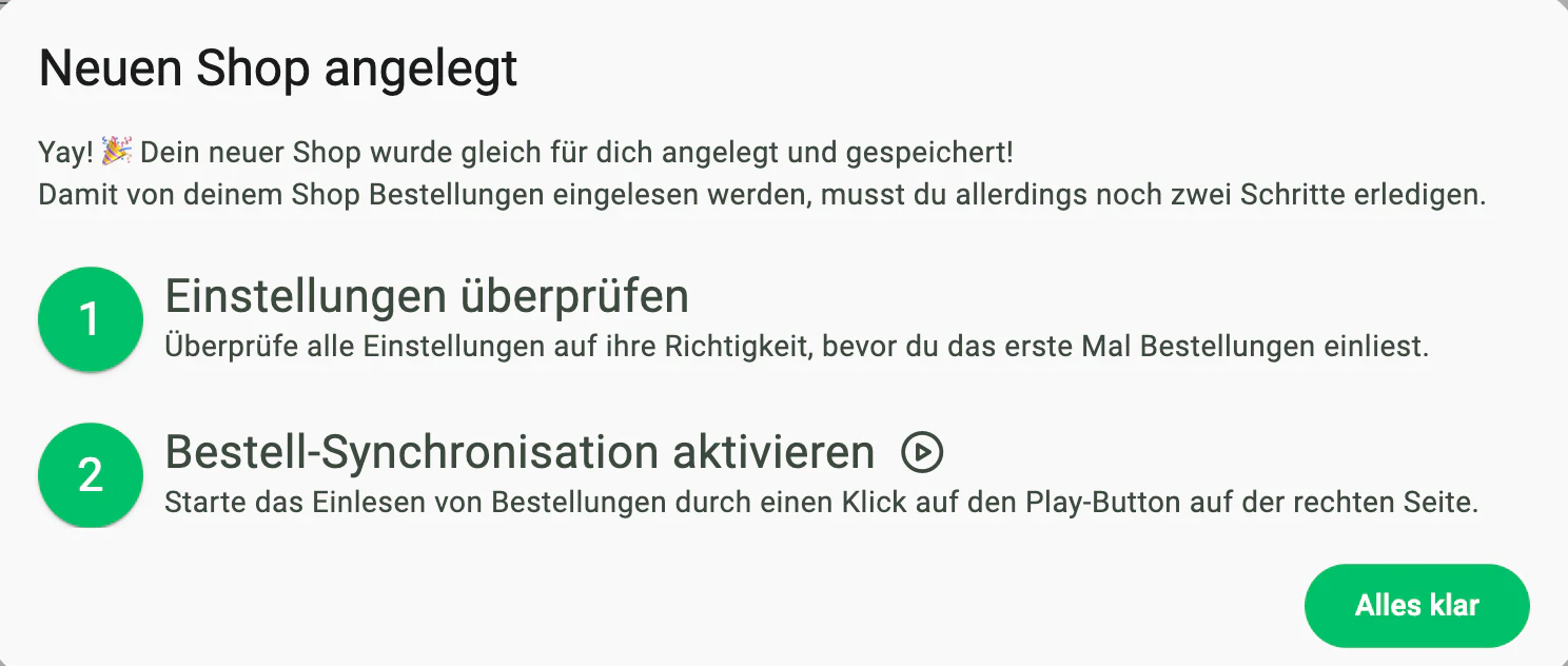 Billbee: Neuen Shop angelegt – Bestell-Synchronisation aktivieren