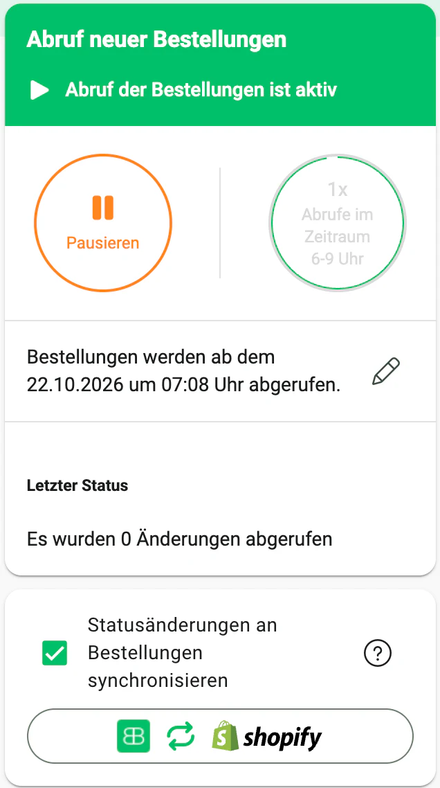 Billbee Abrufintervall: Abruf-Einstellungen je Shop