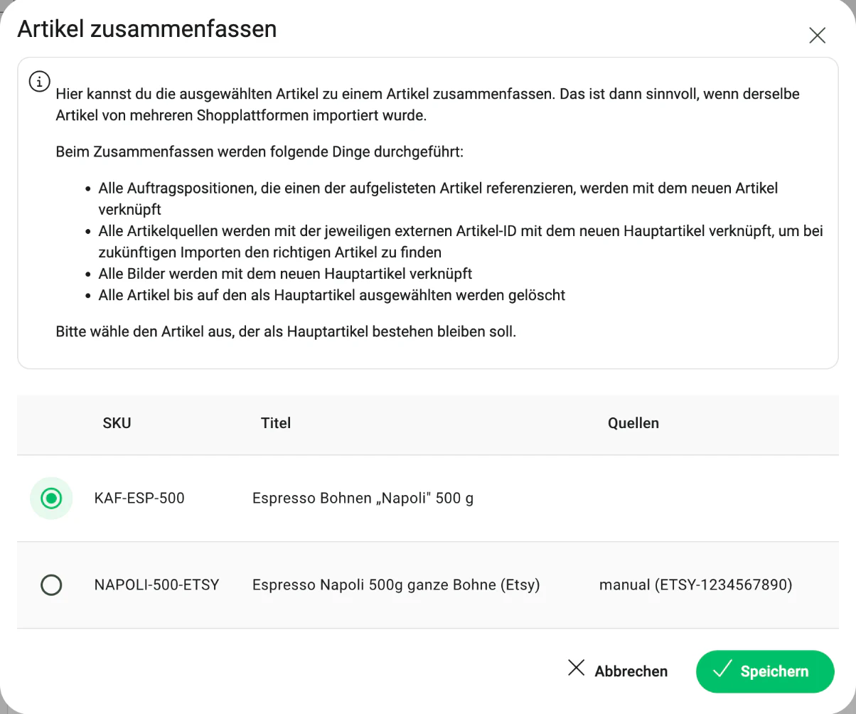 Billbee Artikel zusammenfassen: Hauptartikel wählen