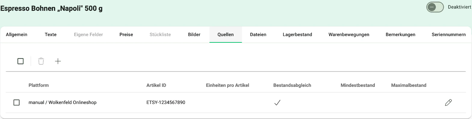 Billbee Artikel zusammenfassen: Quellen am Hauptartikel prüfen