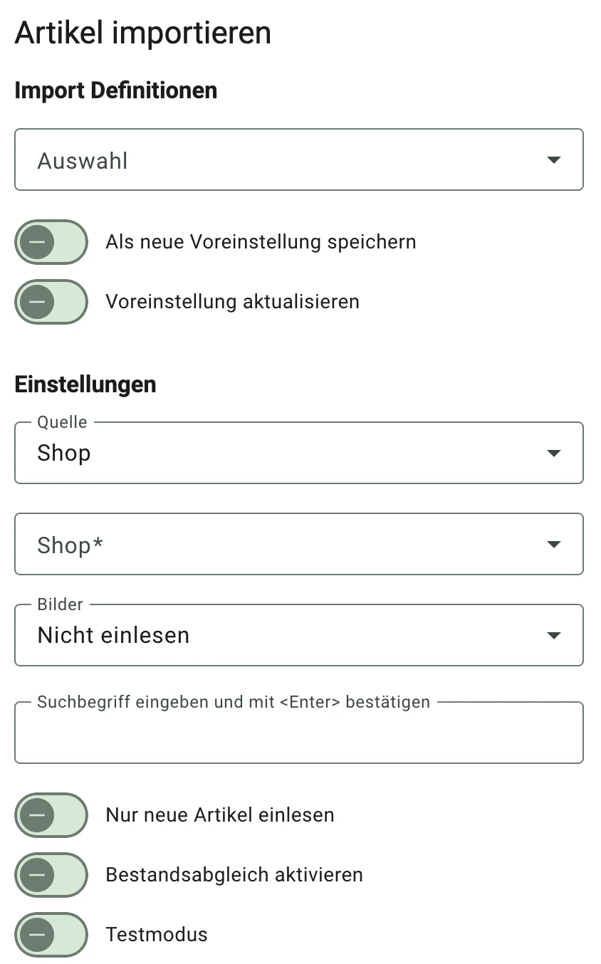 Billbee Artikelimport: Quelle, Shop und Optionen wählen