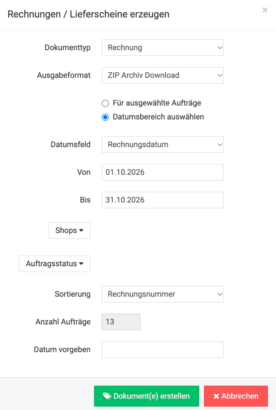 Billbee Belege herunterladen: Alle Rechnungen eines Monats als ZIP