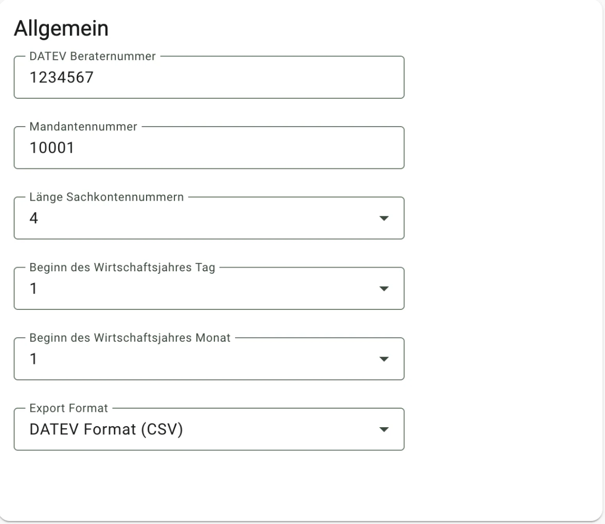 Billbee DATEV Erlösexport: Allgemeine Angaben eintragen