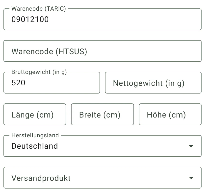 Billbee Drittland: Zollangaben am Artikel pflegen