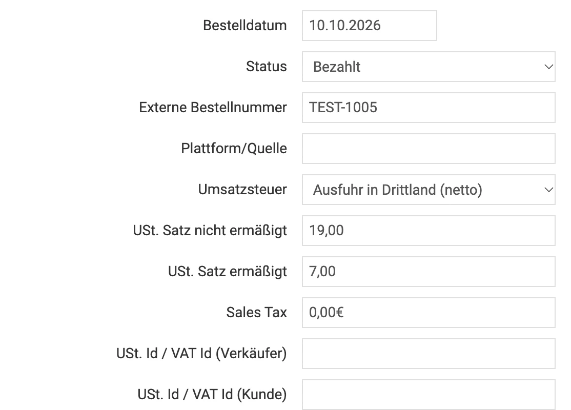 Billbee Drittland: Steuermodus im Auftrag prüfen