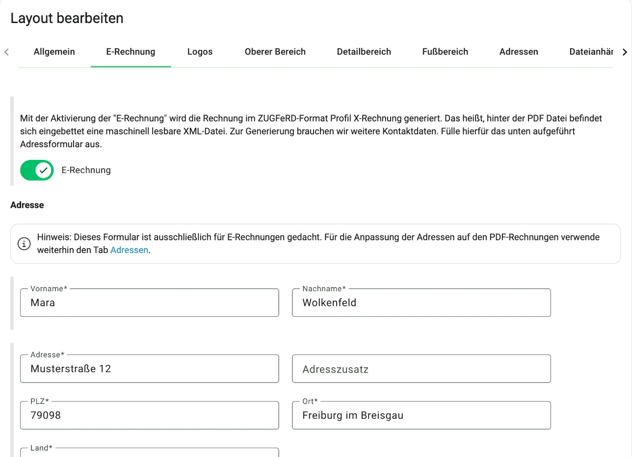 Billbee E-Rechnung: E-Rechnung im Rechnungslayout einschalten