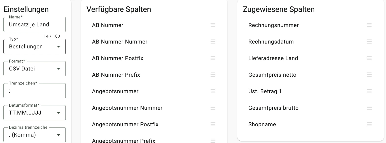 Billbee eigenes Exportformat: Grundeinstellungen und Spalten wählen