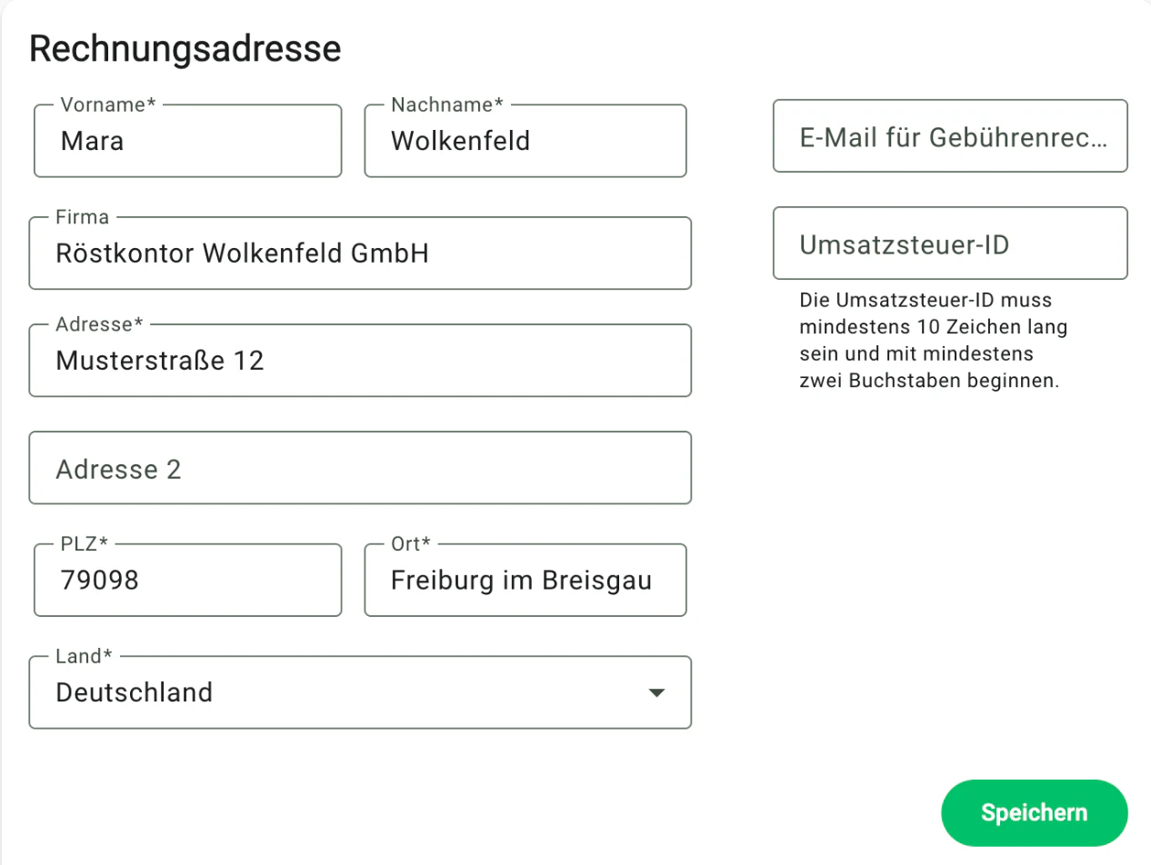 Billbee Ersteinrichtung: Rechnungsadresse mit Land im Benutzerkonto