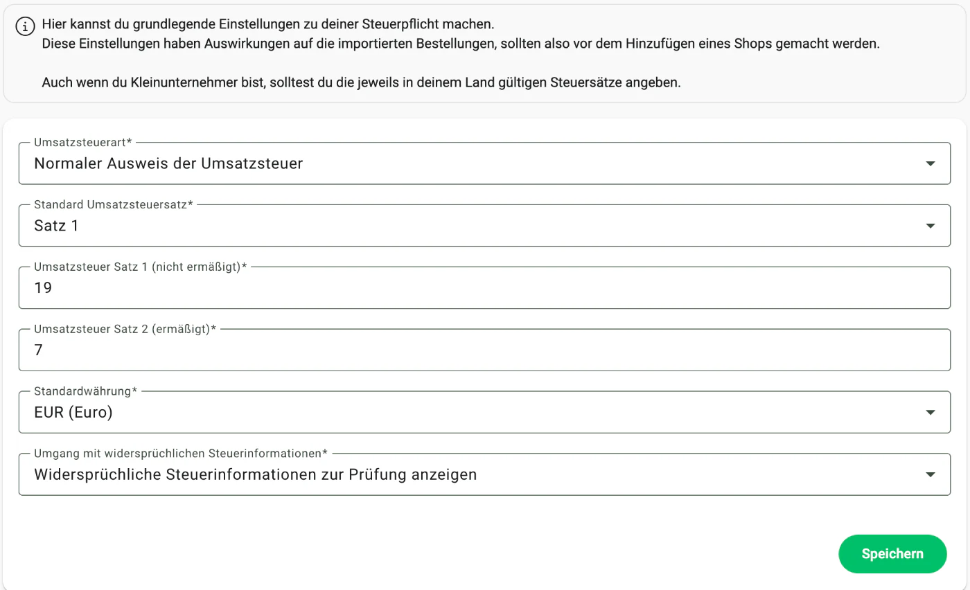 Billbee Ersteinrichtung: Umsatzsteuer und Währung