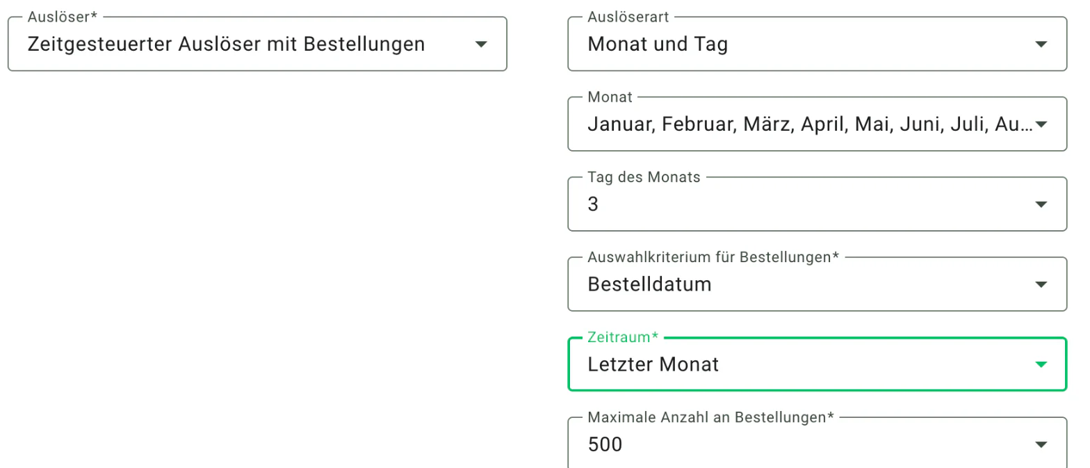 Billbee Export per Mail: Zeitgesteuerten Auslöser wählen