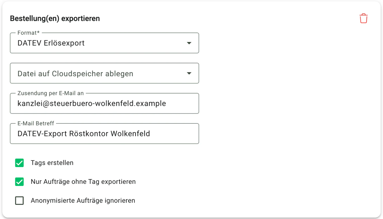 Billbee Export per Mail: Aktion „Bestellung(en) exportieren"