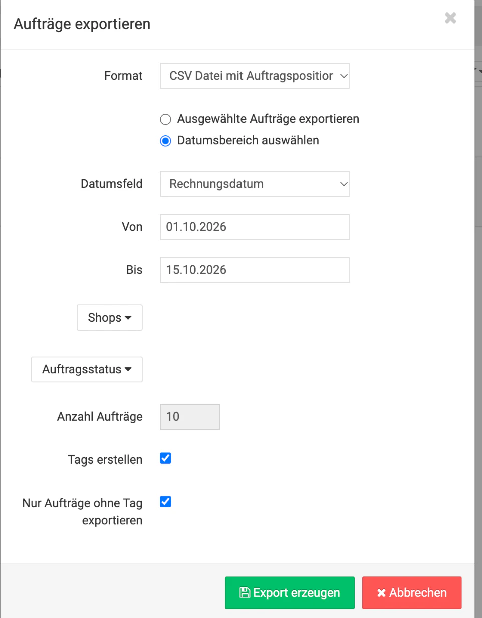 Billbee Export: Format, Datumsfeld und Zeitraum wählen
