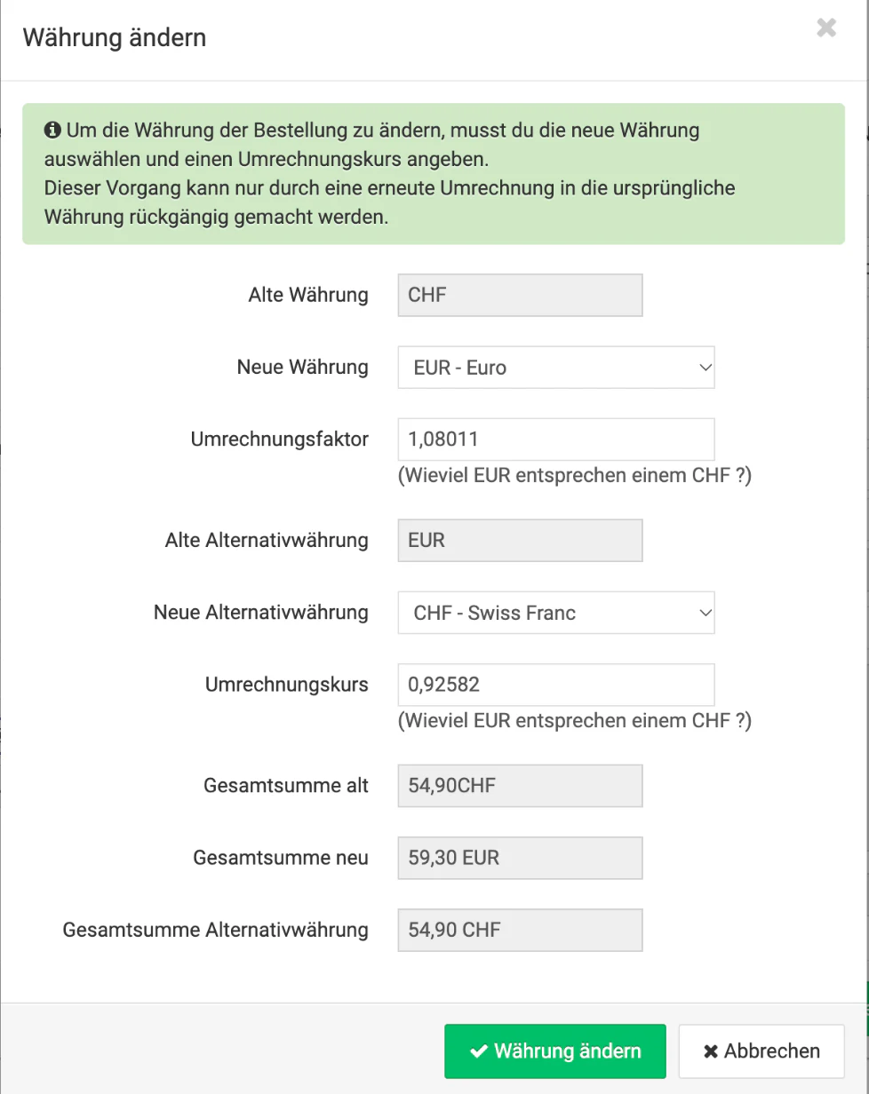 Billbee Fremdwährung: Einzelne Bestellung umrechnen