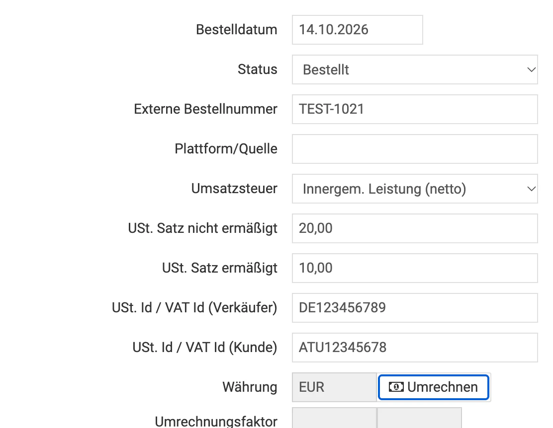 Billbee innergemeinschaftliche Lieferung: Bestellung auf „Innergem. Leistung (netto)" stellen