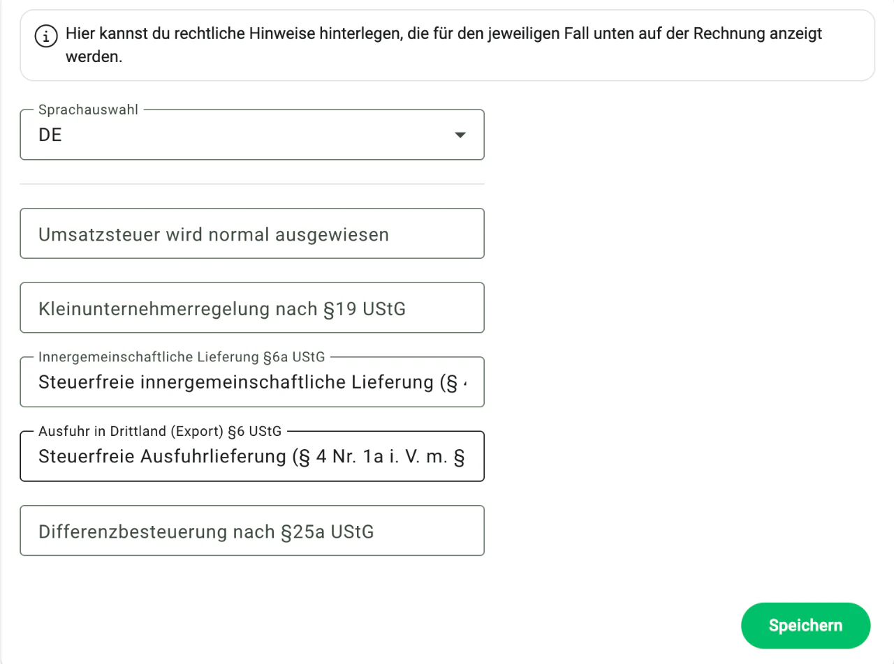 Billbee innergemeinschaftliche Lieferung: Pflichthinweis auf der Rechnung hinterlegen