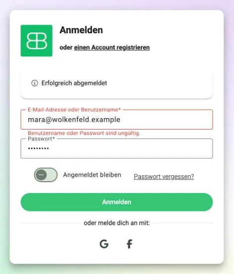 Billbee-Anmeldung mit der Meldung Benutzername oder Passwort sind ungültig