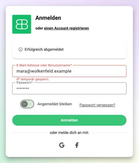 Billbee-Anmeldung mit der roten Meldung IP temporär gesperrt