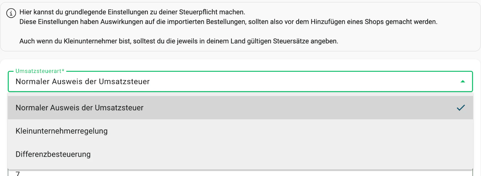 Billbee Kleinunternehmerregelung: Umsatzsteuerart auf Kleinunternehmerregelung