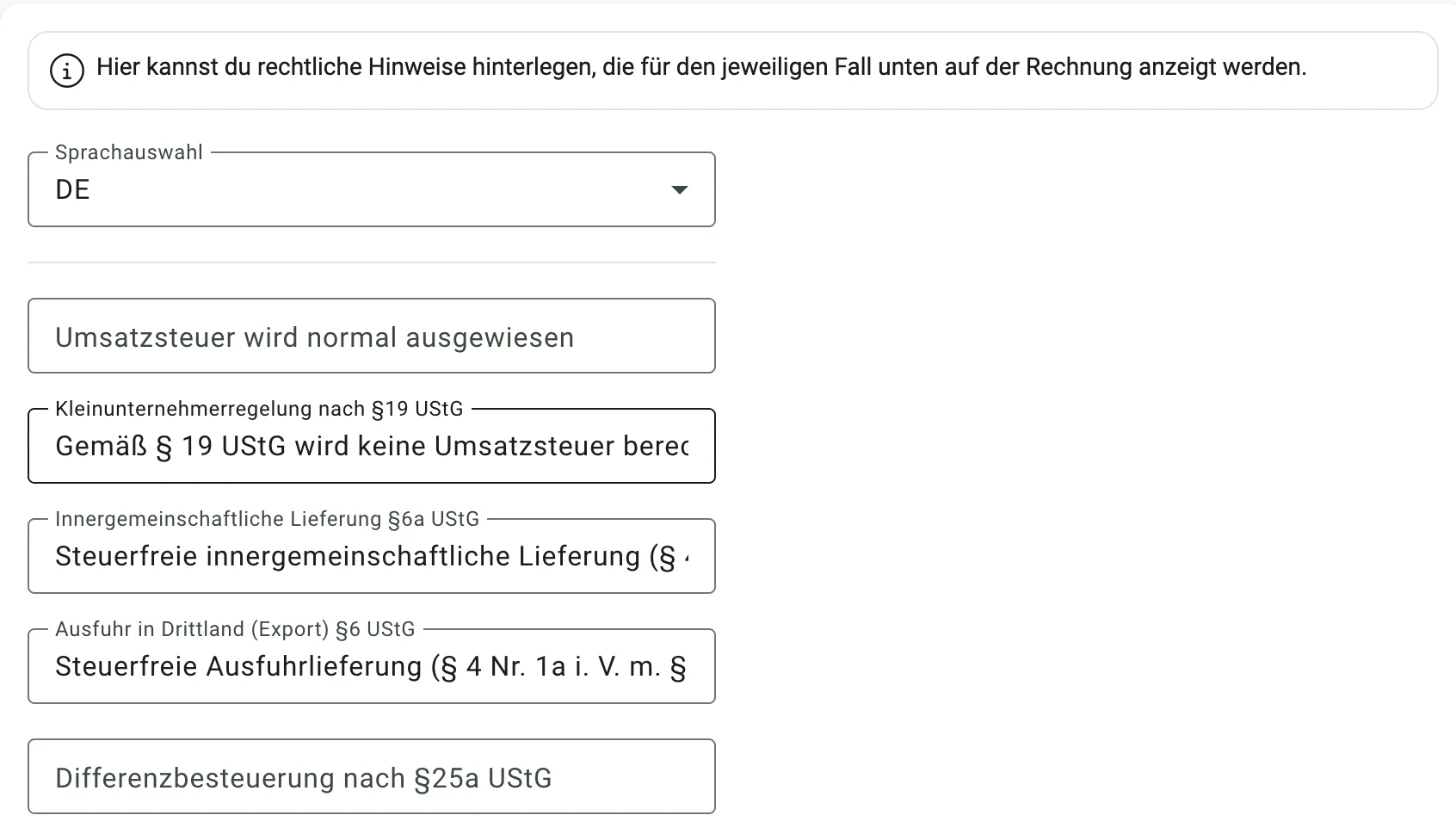 Billbee Kleinunternehmerregelung: Pflichthinweis für die Rechnung hinterlegen
