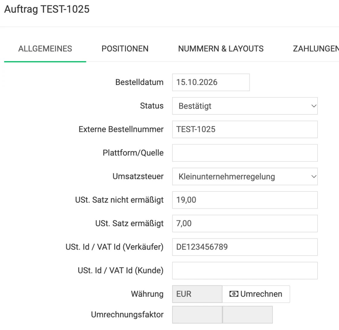 Billbee Kleinunternehmerregelung: Einzelne Bestellung prüfen oder umstellen