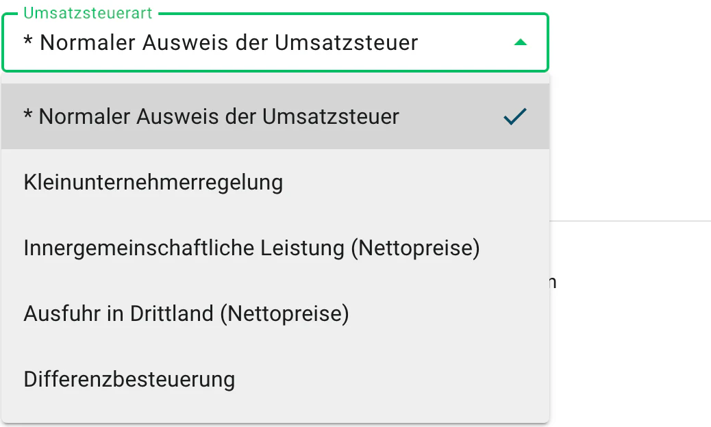 Billbee Wechsel Regelbesteuerung: „Normaler Ausweis der Umsatzsteuer" wählen