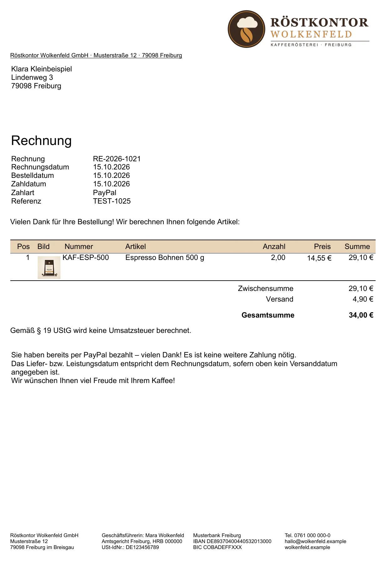 Billbee-Rechnung nach Kleinunternehmerregelung ohne Umsatzsteuer