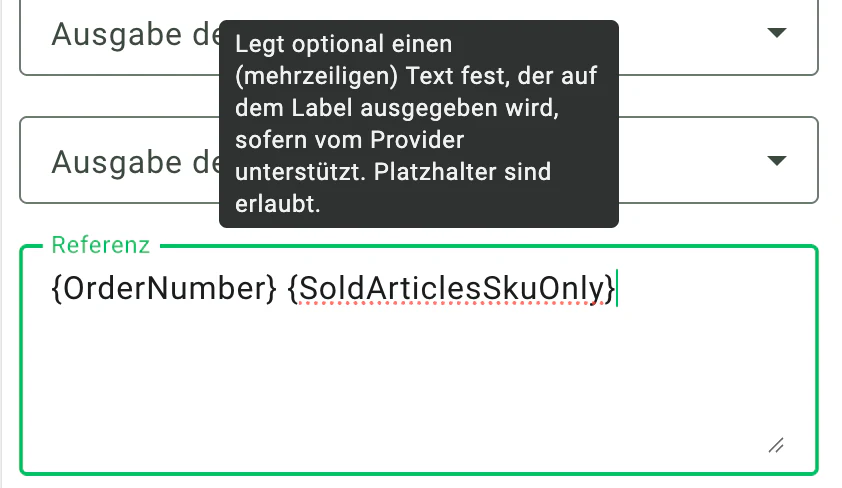 Billbee Referenz Versandlabel: Platzhalter eintragen