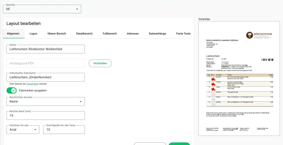 Billbee: Layout öffnen und benennen