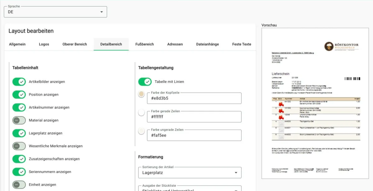 Billbee: Tabelle mit Bild und Lagerplatz