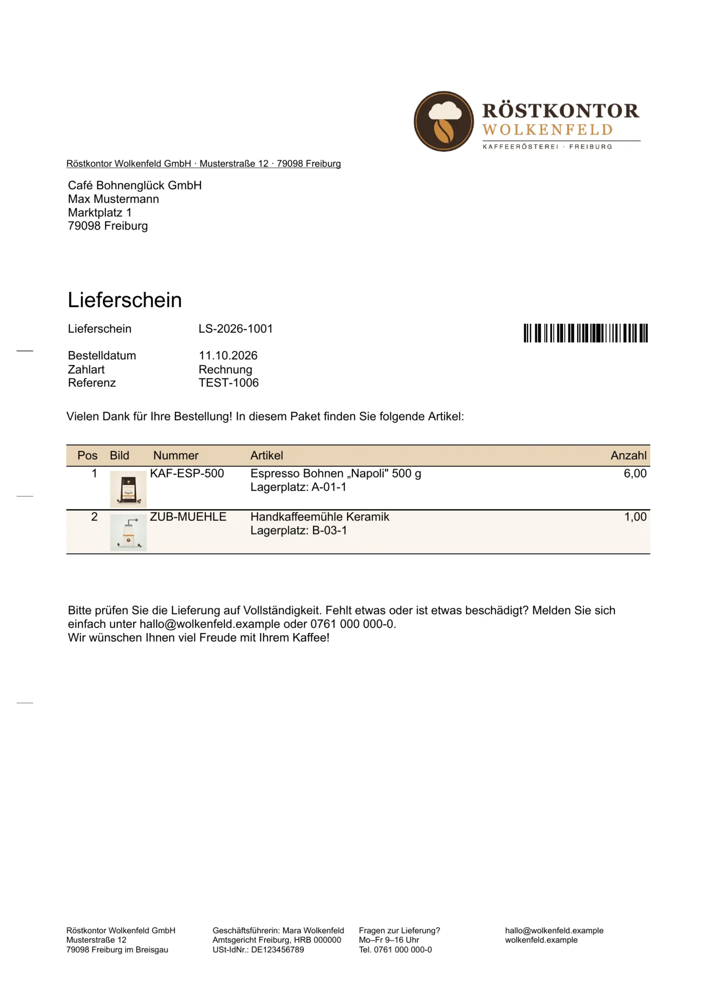 Muster-Lieferschein einer Kaffeerösterei an einen Firmenkunden mit Logo, Barcode, Produktfotos, Lagerplätzen und Fußzeile, ohne Preise