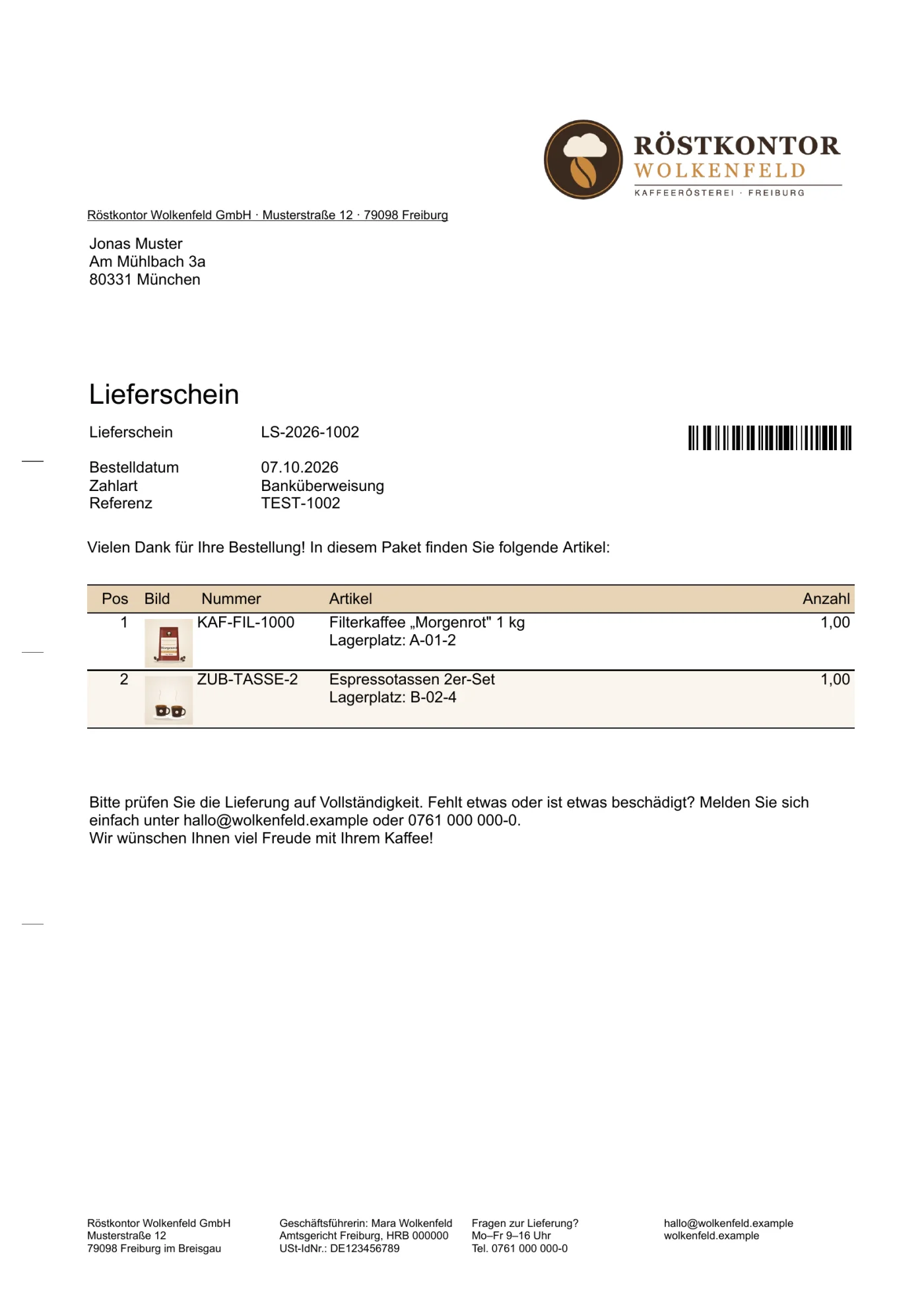 Muster-Lieferschein einer Kaffeerösterei an einen Privatkunden mit Logo, Barcode und Produktfotos, ohne Preise