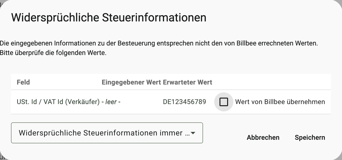 Billbee Bestellung speichern: Dialog „Widersprüchliche Steuerinformationen"