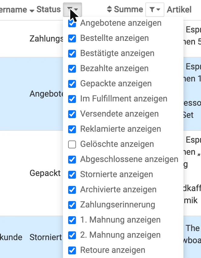 Billbee Bestellungen nicht sichtbar: Statusfilter auf Standard setzen