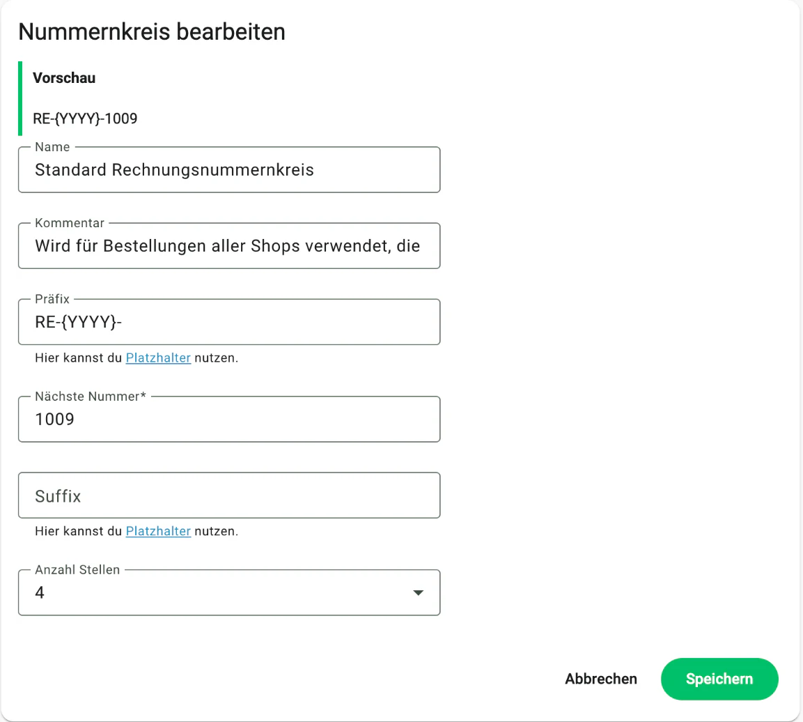 Billbee Nummernkreise: Den Standard-Nummernkreis anpassen