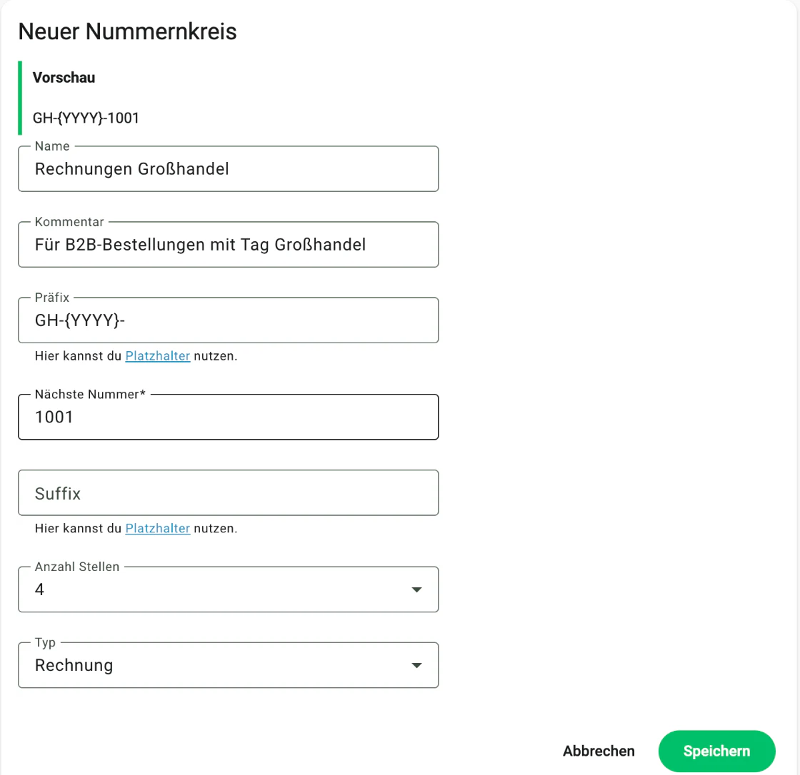 Billbee Nummernkreise: Einen zusätzlichen Nummernkreis anlegen
