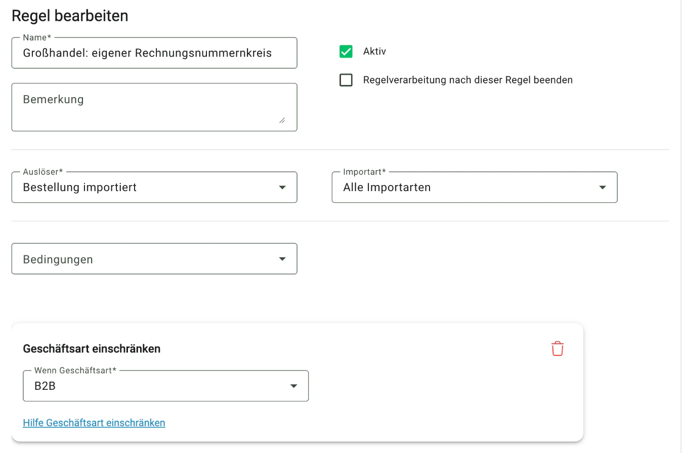 Billbee Nummernkreise: Regel anlegen: wann der Nummernkreis gilt