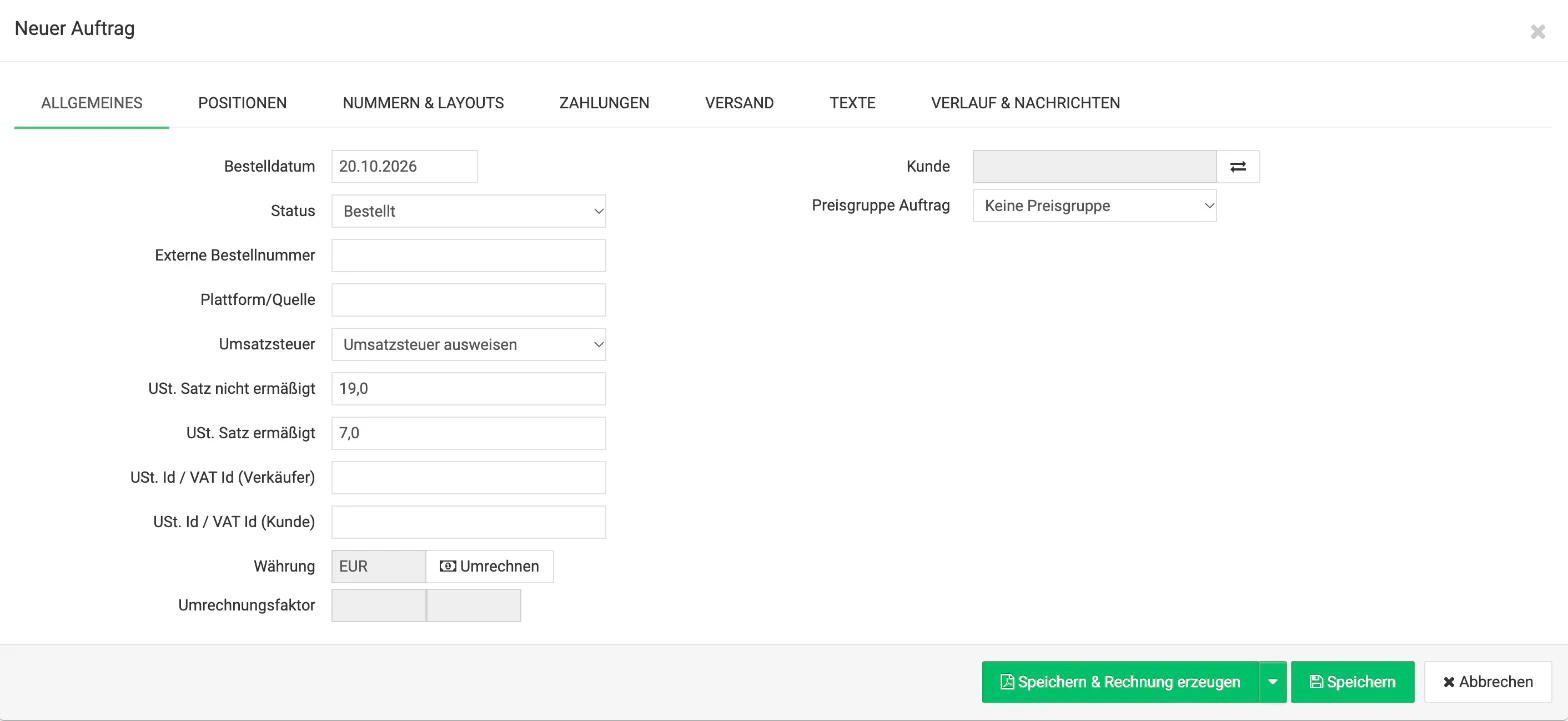 Billbee ohne Onlineshop: Kunde, Status und Steuer festlegen