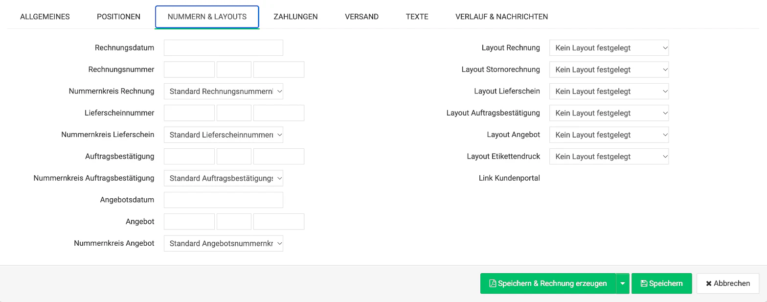 Billbee ohne Onlineshop: Nummernkreis und Layout prüfen