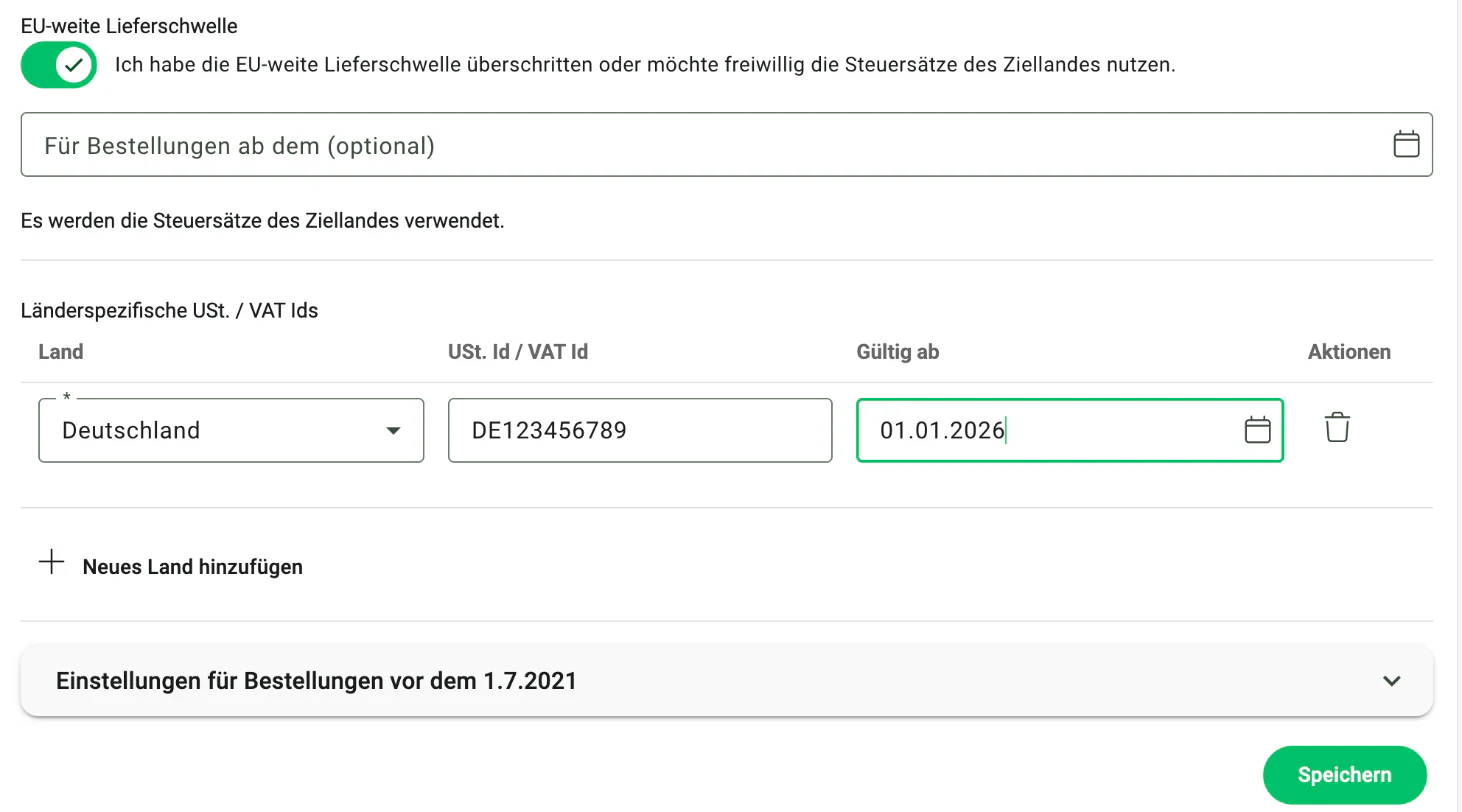 Billbee OSS einrichten: EU-Lieferschwelle einschalten und USt-ID eintragen