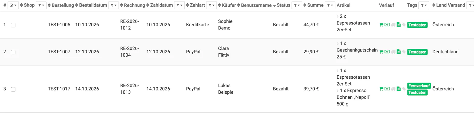 Billbee OSS einrichten: Neue Bestellung: Tag „Fernverkauf" und Steuersätze