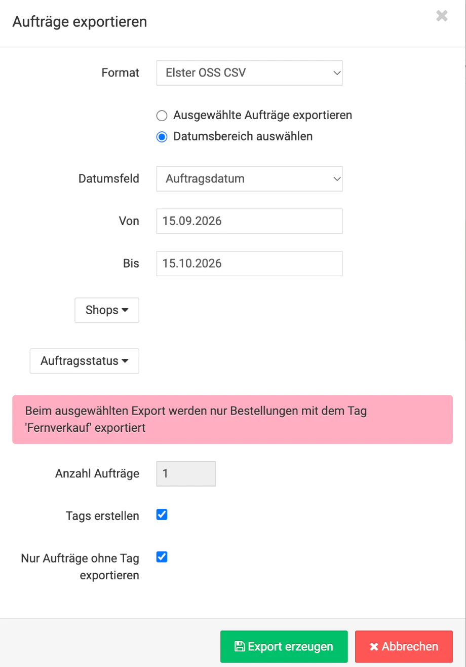 Billbee OSS einrichten: Export „Elster OSS CSV" für das BZSt