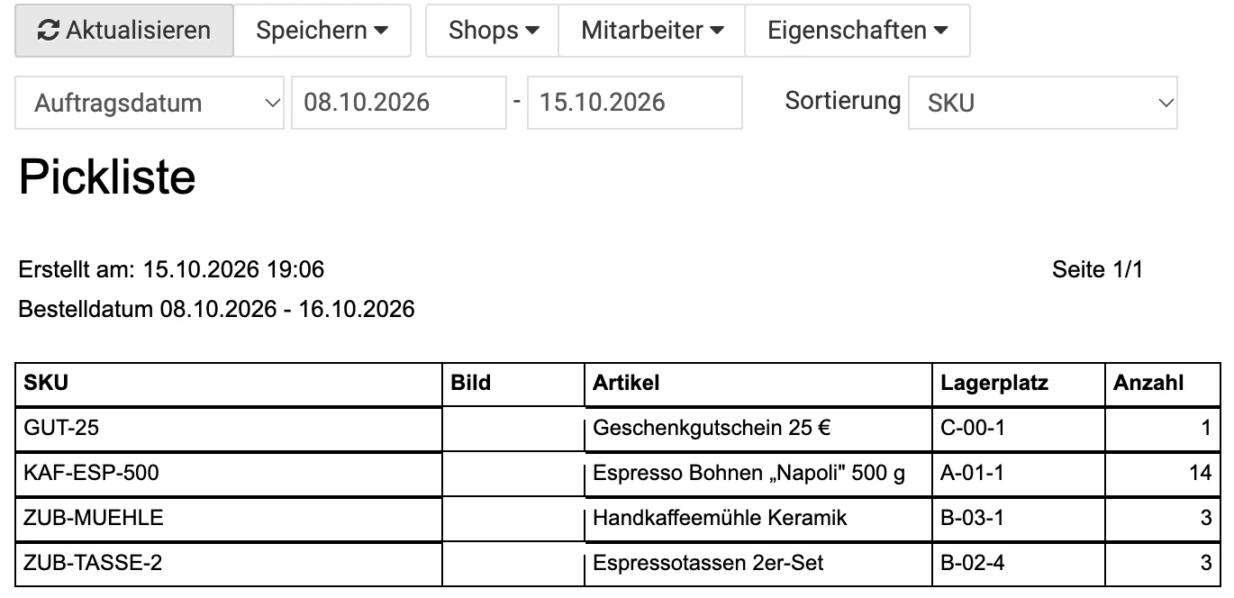 Billbee Pickliste: Sortieren und speichern