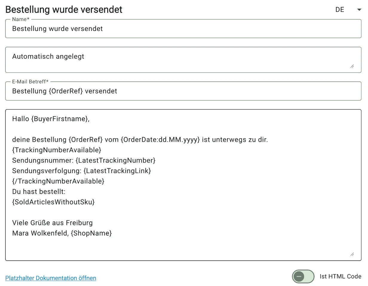 Billbee Platzhalter: Beispiel: Versandbestätigung