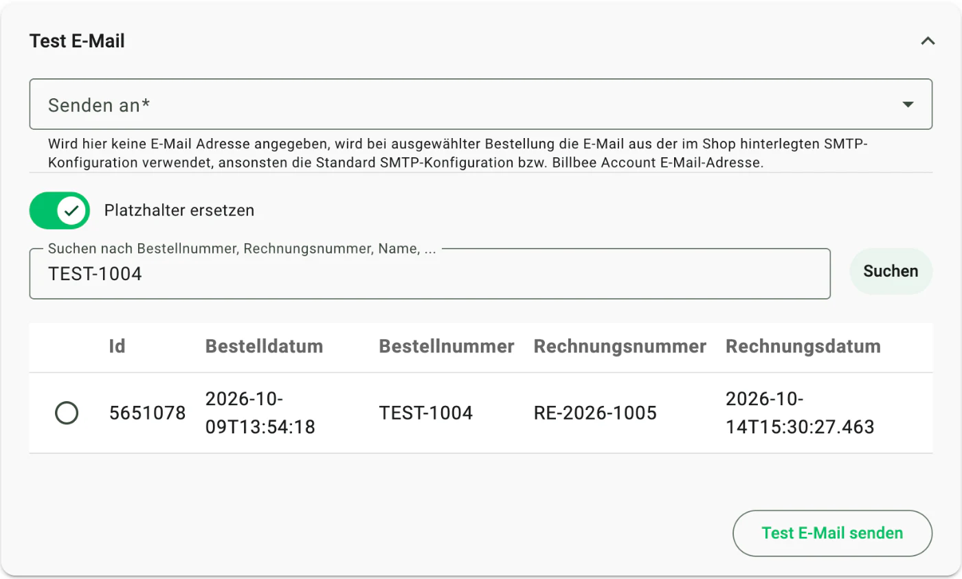 Billbee Platzhalter: Vorlage mit echter Bestellung testen
