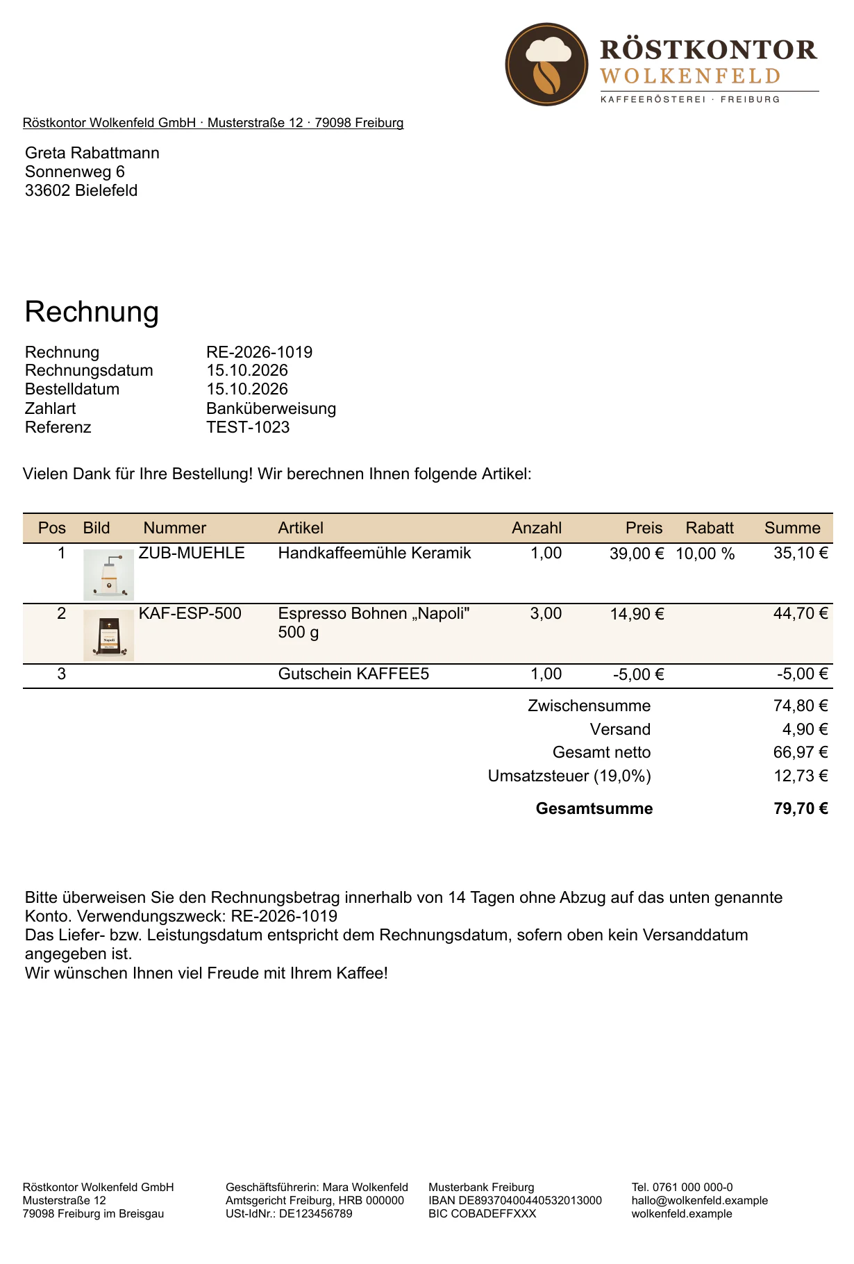 Billbee-Rechnung mit Positionsrabatt und Gutscheinzeile
