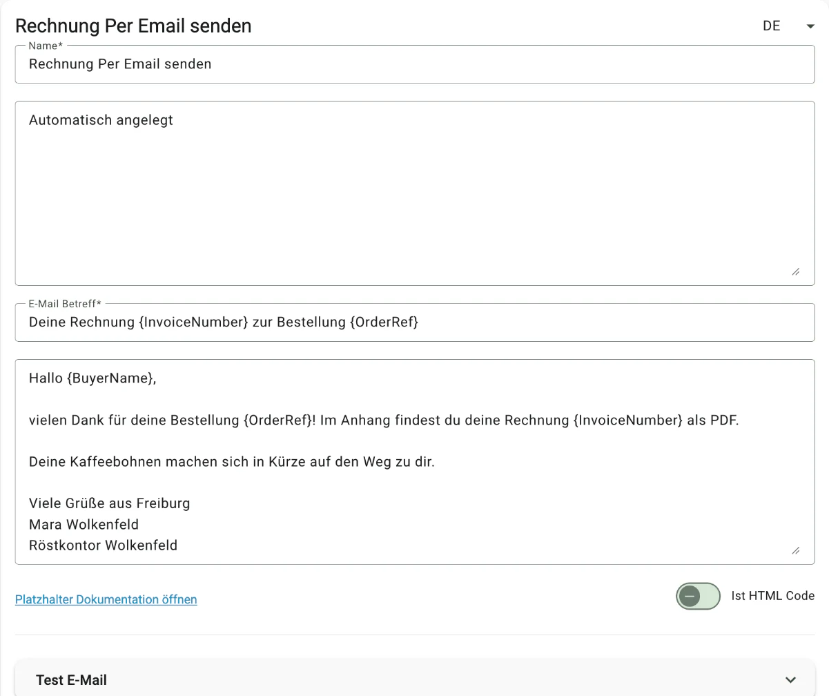 Billbee Rechnung automatisch versenden: Den Text der Rechnungs-Mail anpassen