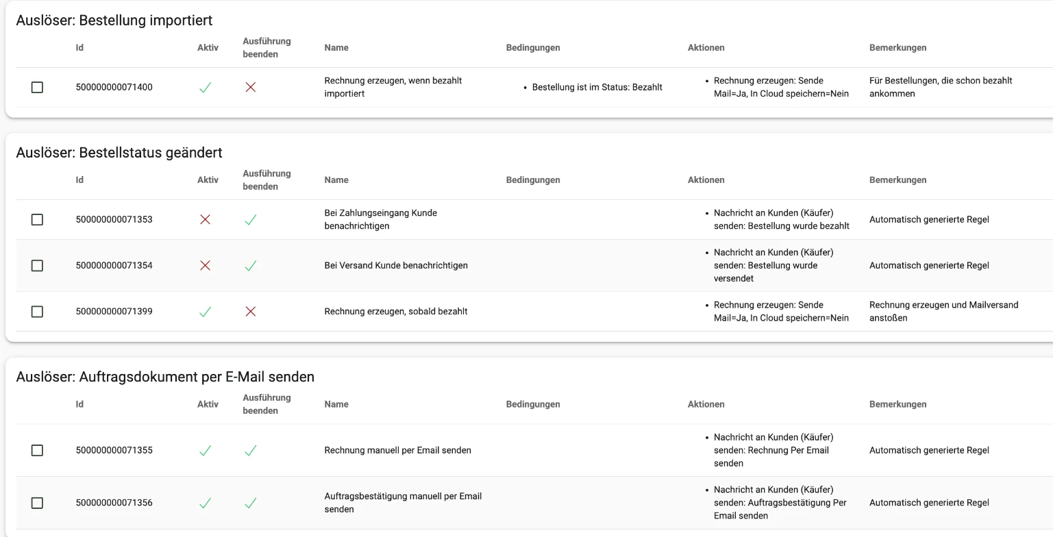 Billbee Regelliste mit den Regeln Rechnung erzeugen, wenn bezahlt importiert, Rechnung erzeugen, sobald bezahlt und Rechnung manuell per Email senden