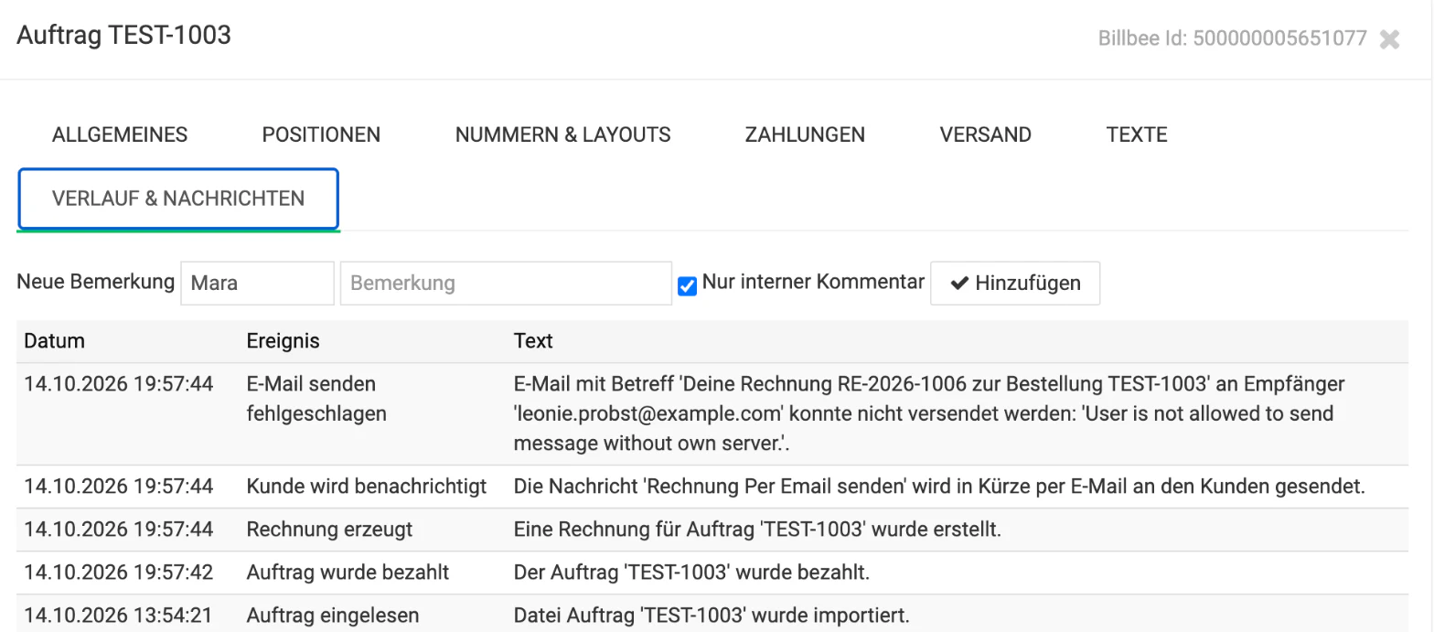 Billbee Rechnung automatisch versenden: Im Verlauf prüfen, ob die Mail raus ist
