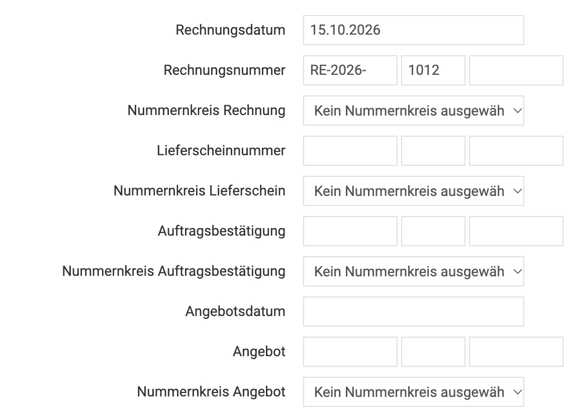 Billbee Rechnung manuell: Nummer und Datum im Reiter „Nummern & Layouts"