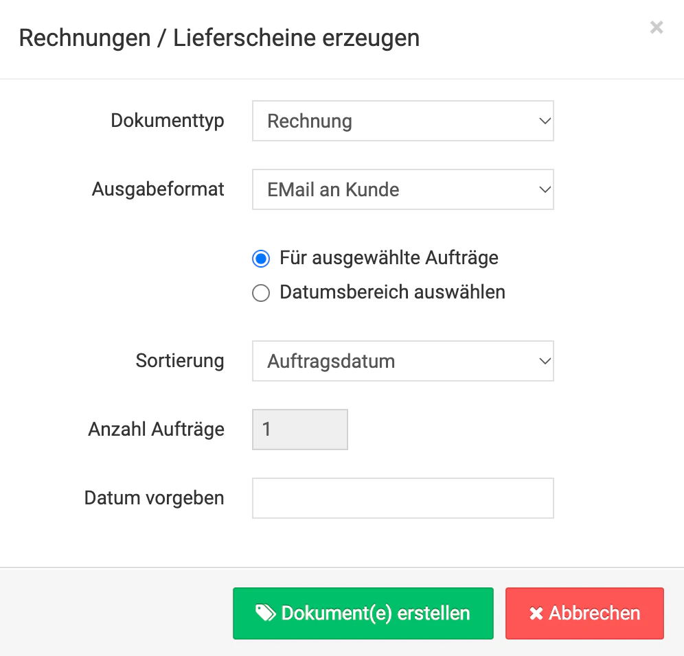 Billbee Rechnung per Mail: Aus der Bestellübersicht: „Erzeugen"